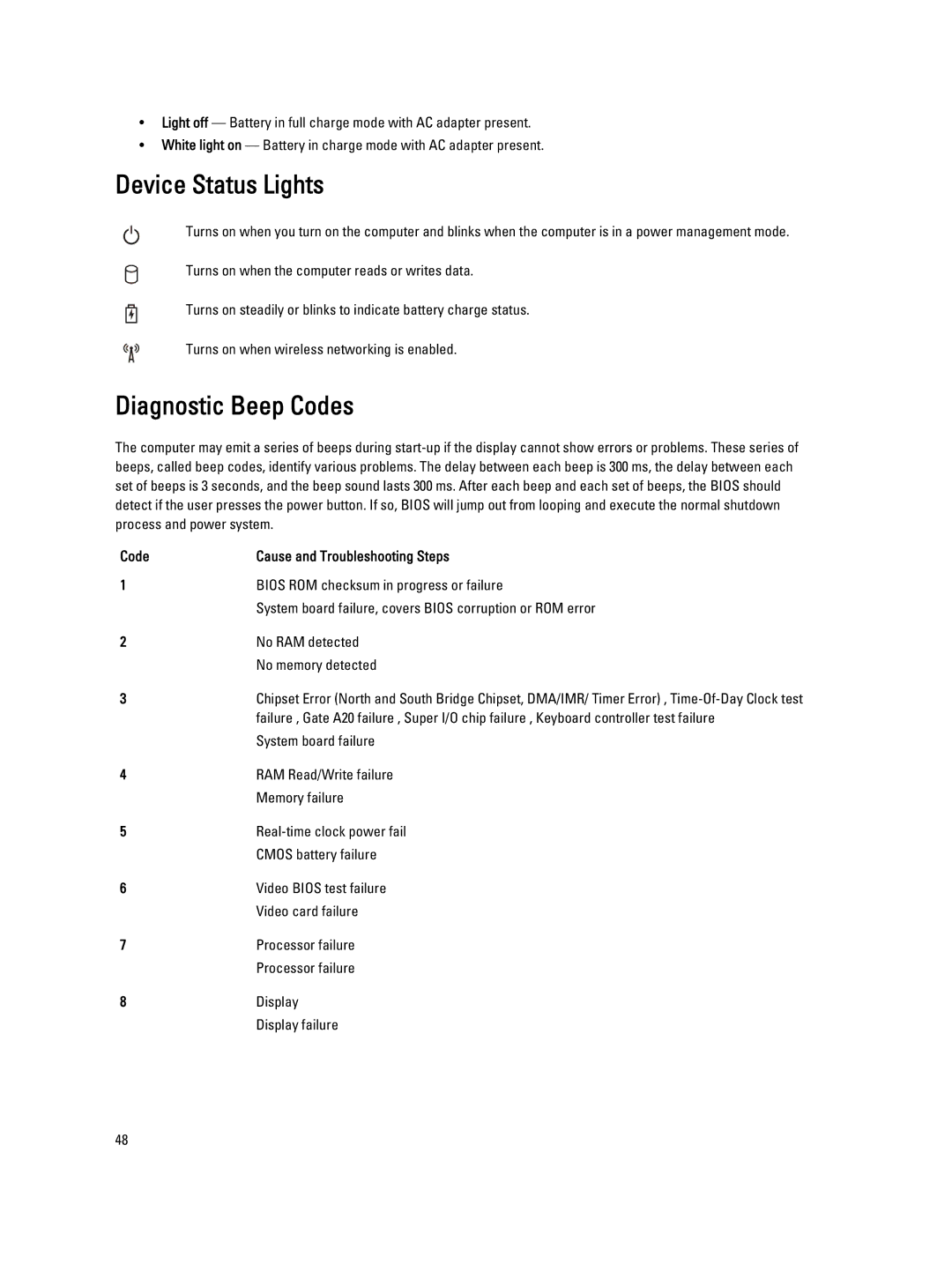 Dell 2520 owner manual Device Status Lights, Diagnostic Beep Codes 