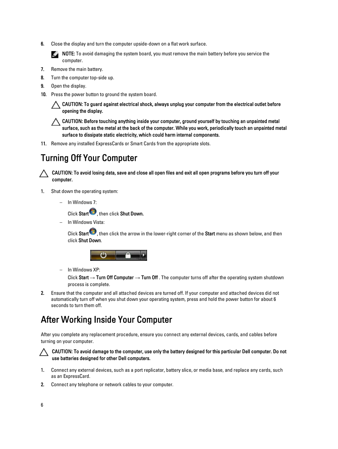 Dell 2520 owner manual Turning Off Your Computer, After Working Inside Your Computer 