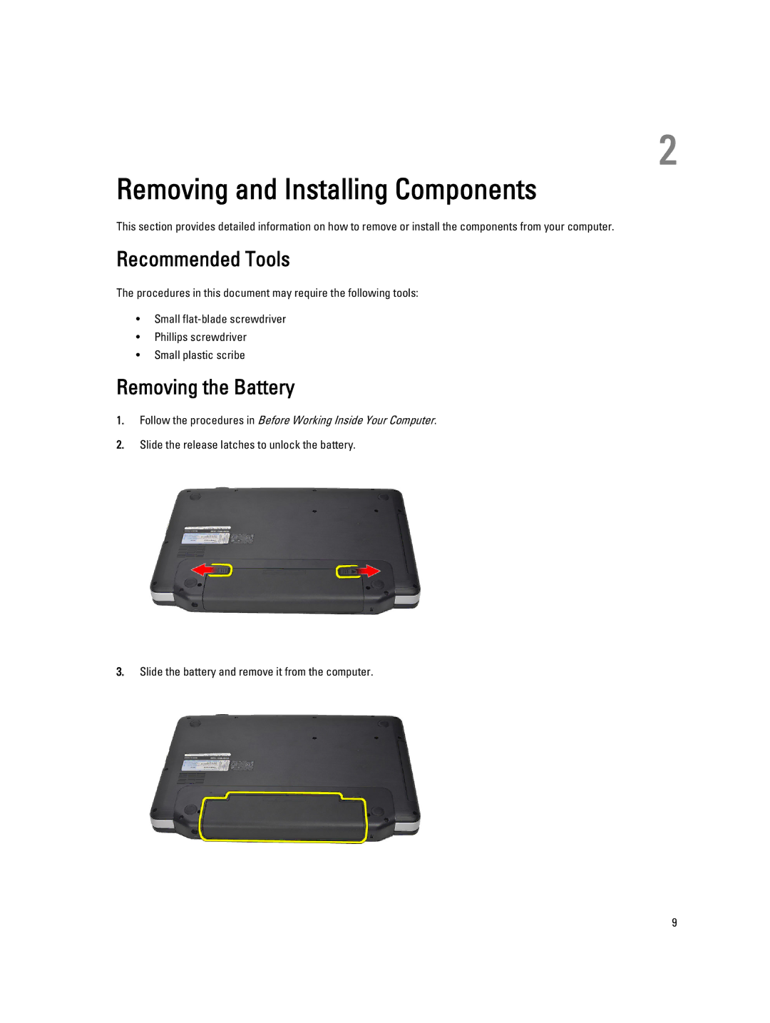 Dell 2520 owner manual Recommended Tools, Removing the Battery 