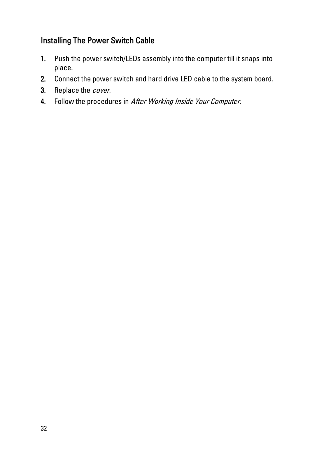 Dell 260S owner manual Installing The Power Switch Cable 