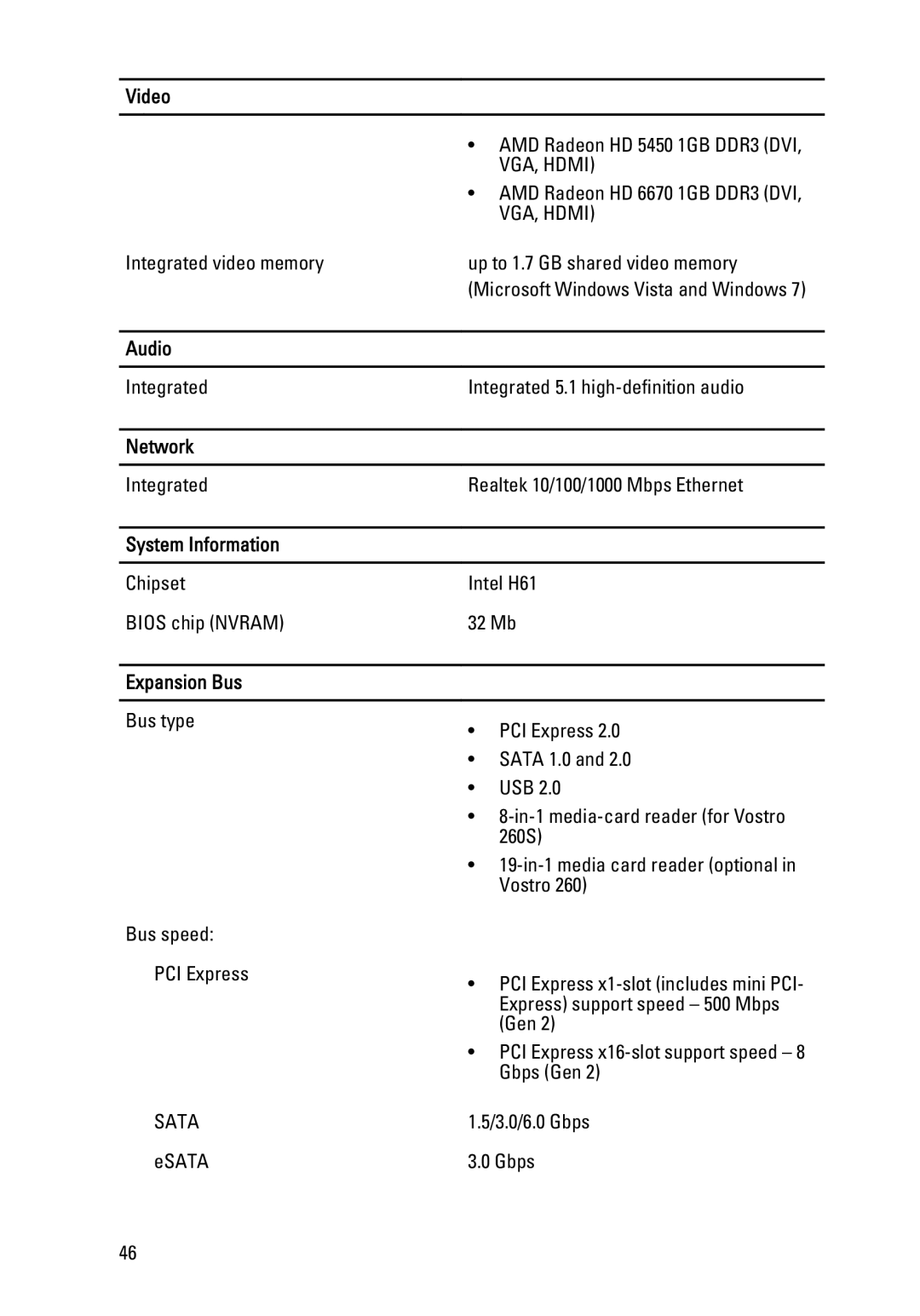 Dell 260S owner manual Audio, Network, System Information, Expansion Bus 