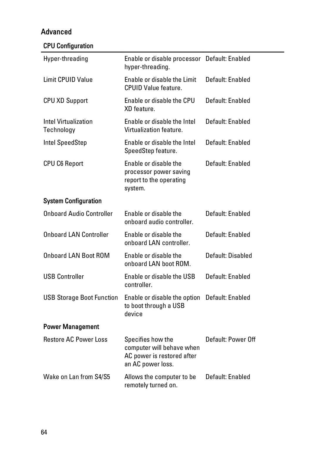 Dell 260S owner manual CPU Configuration, System Configuration, Power Management 