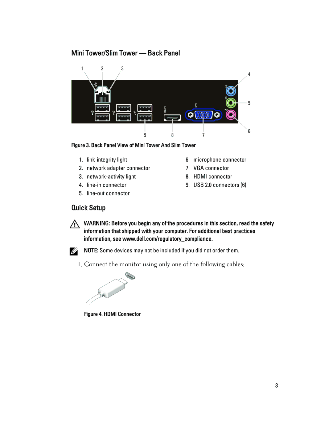 Dell 260S manual Mini Tower/Slim Tower Back Panel, Quick Setup 