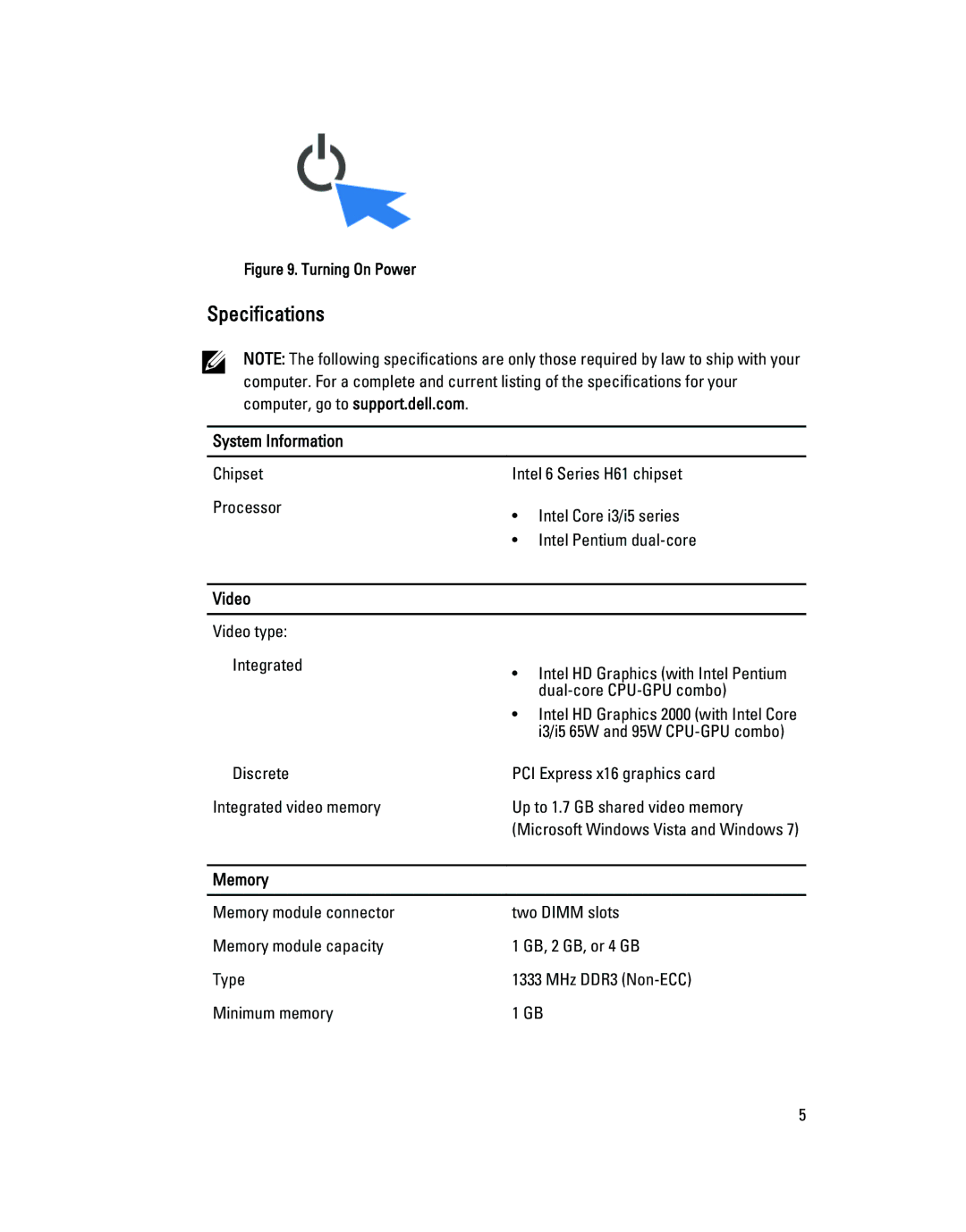 Dell 260S manual Specifications, System Information, Video, Memory 