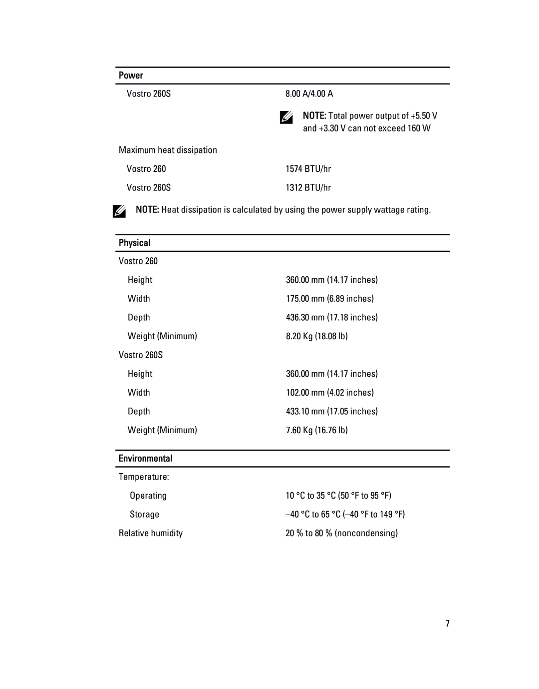 Dell 260S manual Physical, Environmental 