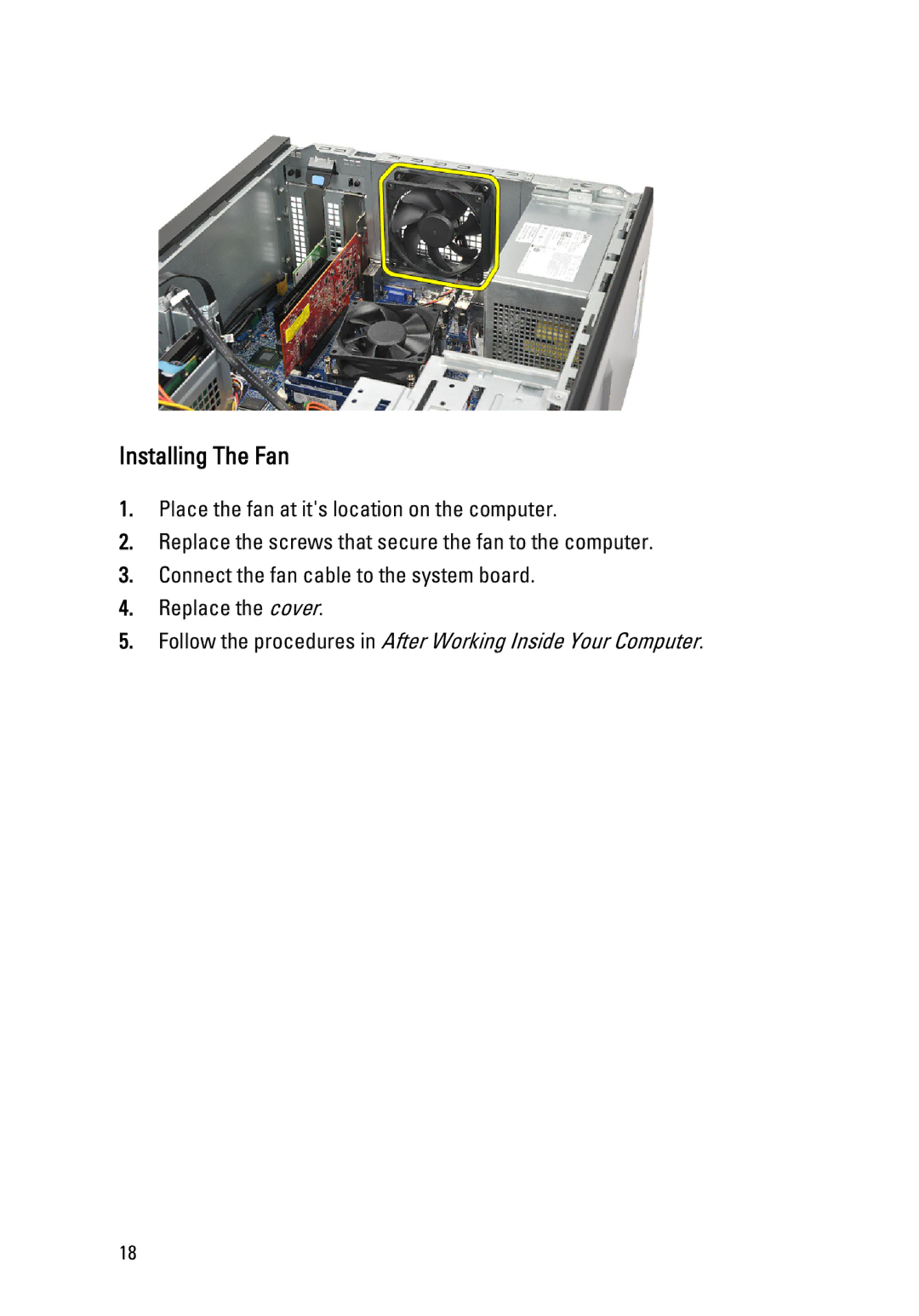 Dell 260S owner manual Installing The Fan 