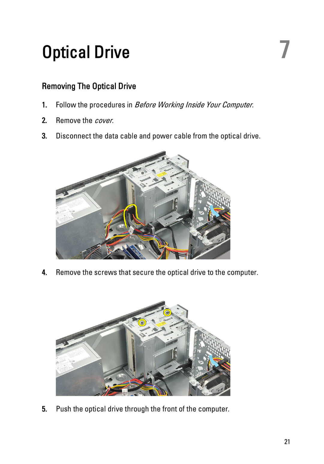 Dell 260S owner manual Removing The Optical Drive 