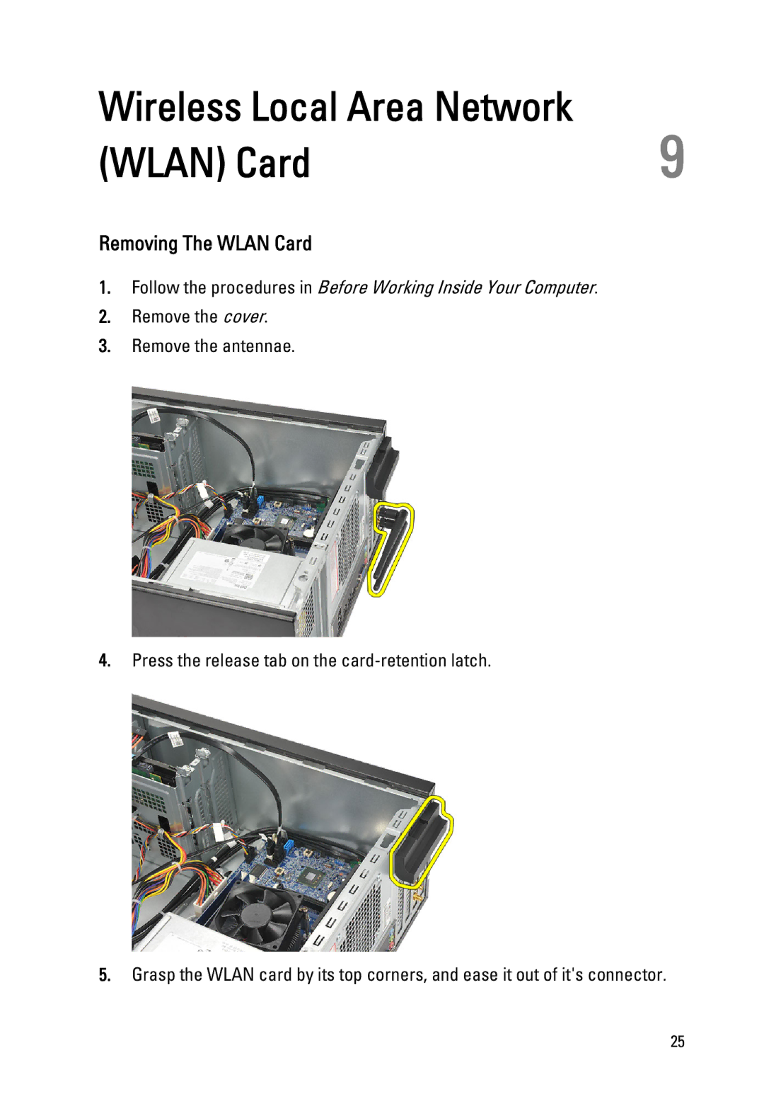 Dell 260S owner manual Wireless Local Area Network Wlan Card, Removing The Wlan Card 