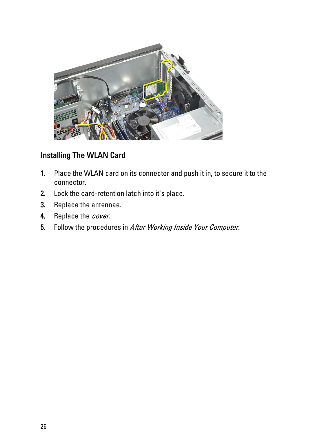 Dell 260S owner manual Installing The Wlan Card 