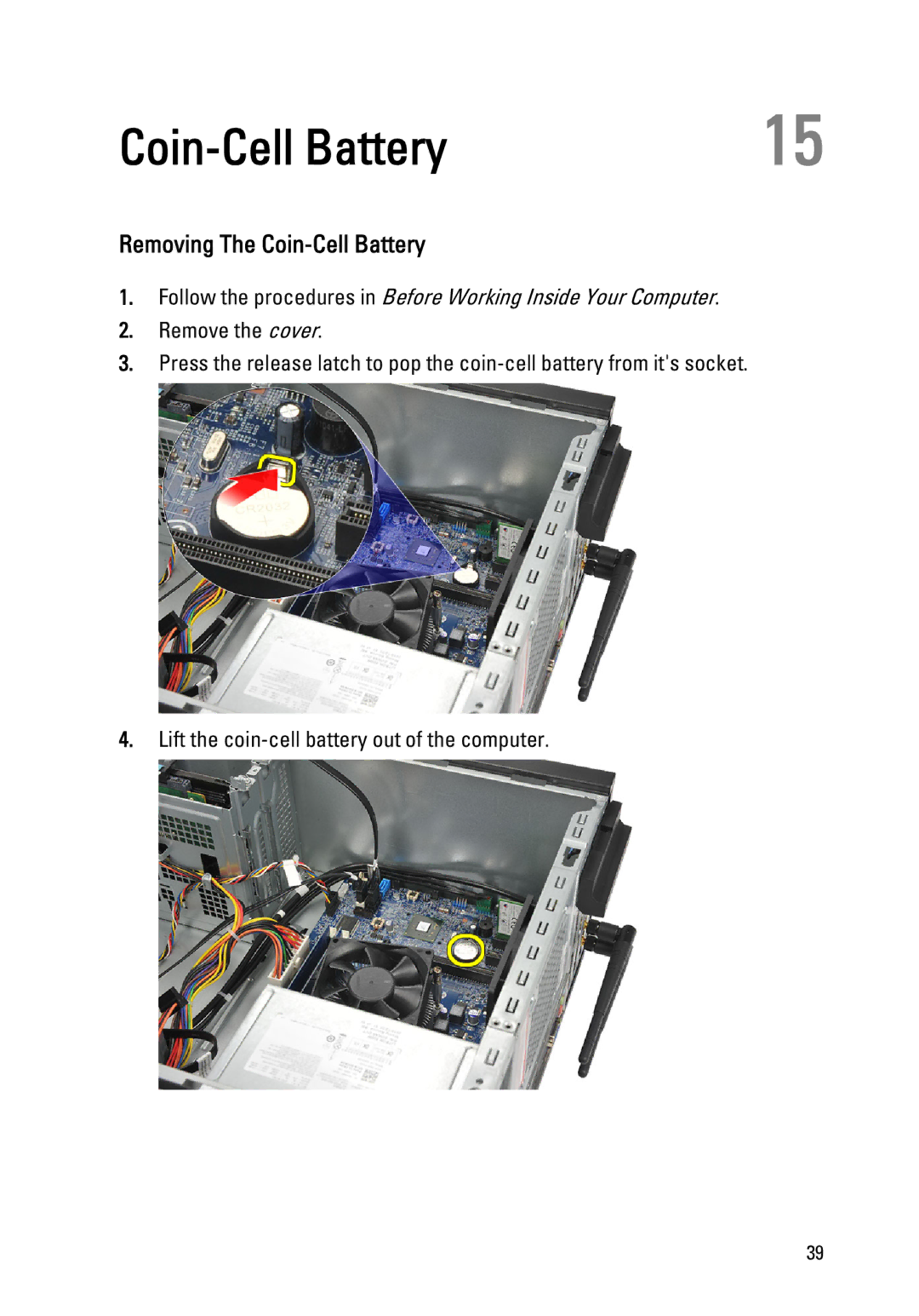 Dell 260S owner manual Removing The Coin-Cell Battery 