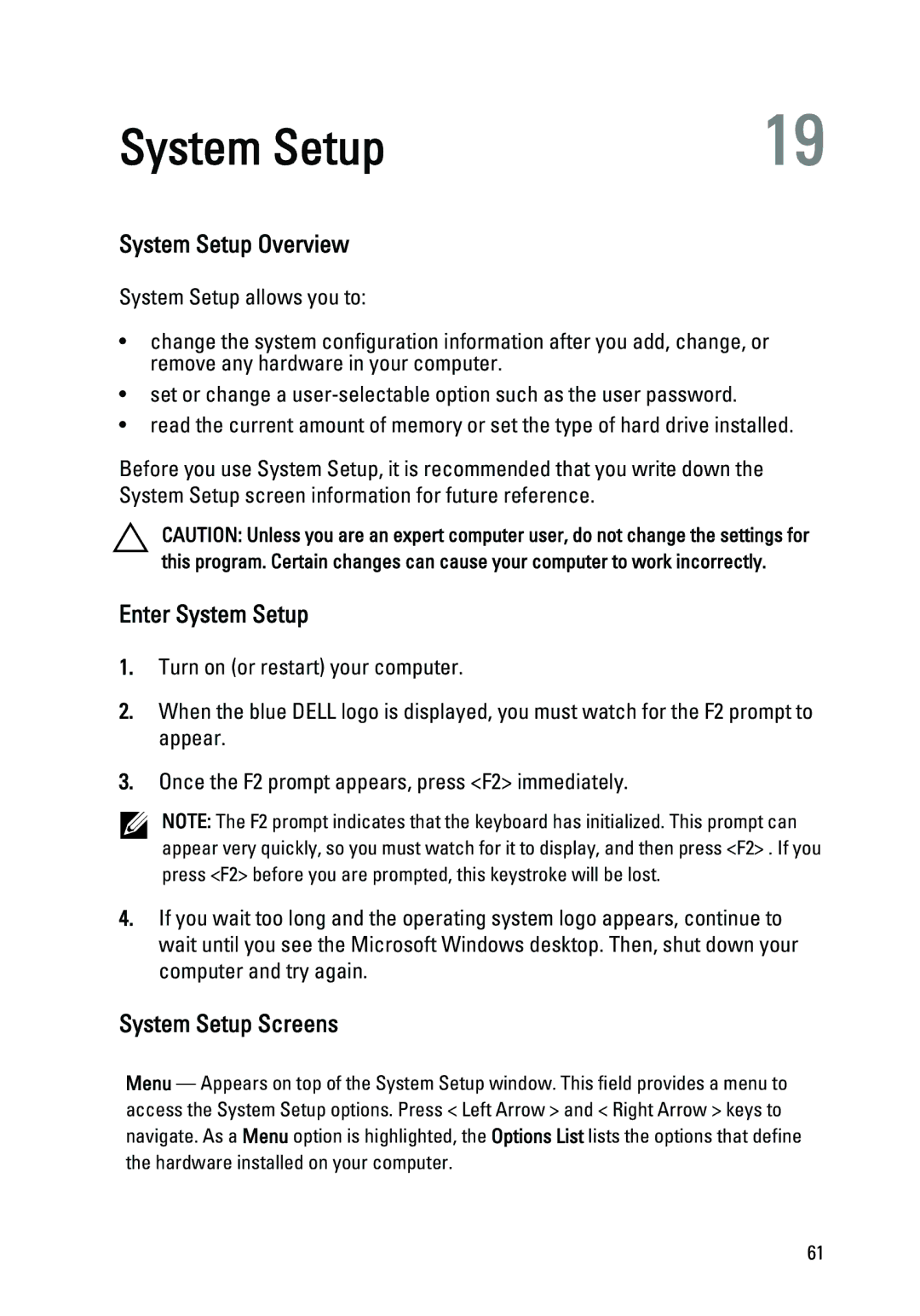 Dell 260S owner manual System Setup Overview, Enter System Setup, System Setup Screens 