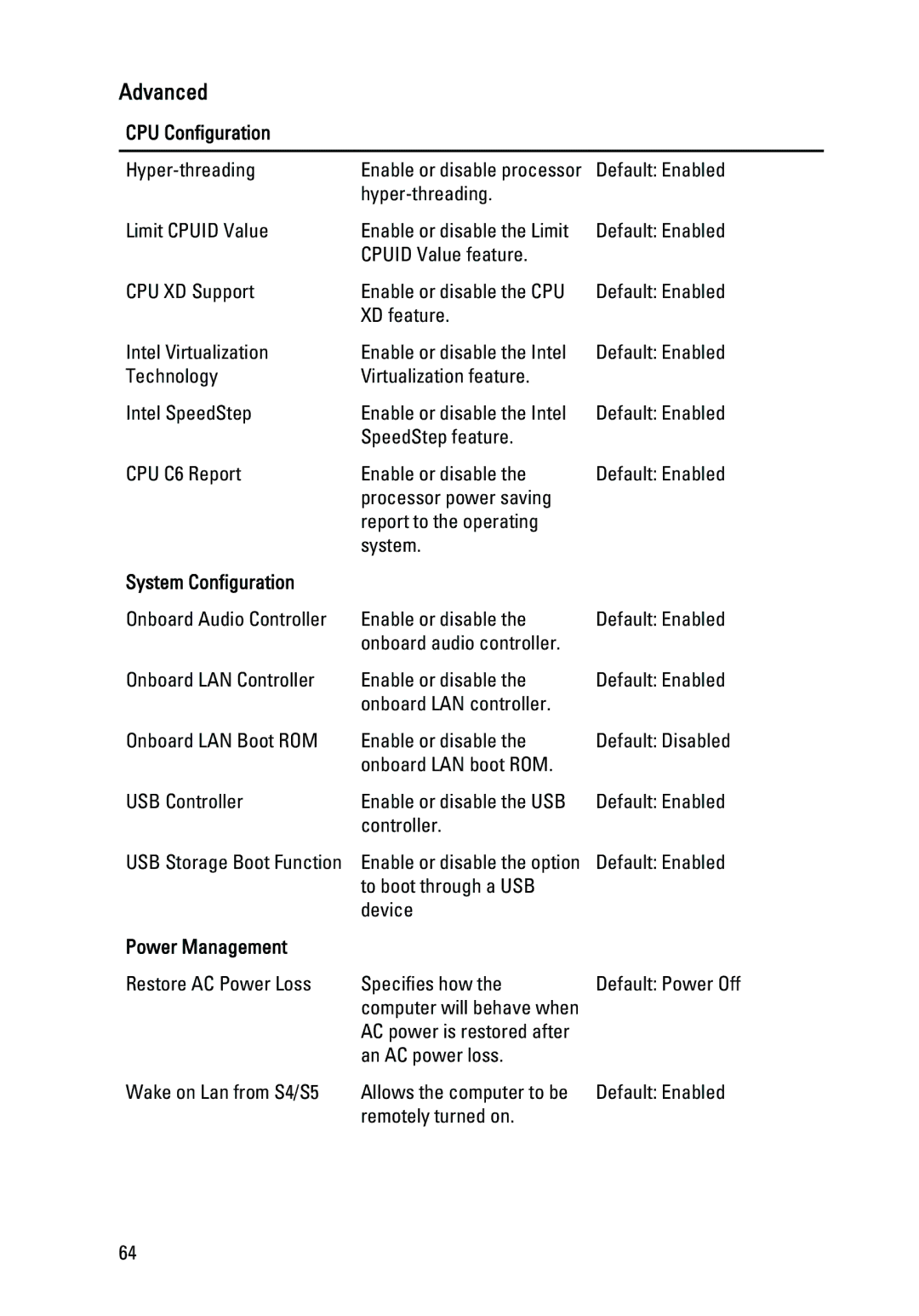 Dell 260S owner manual CPU Configuration, System Configuration, Power Management 