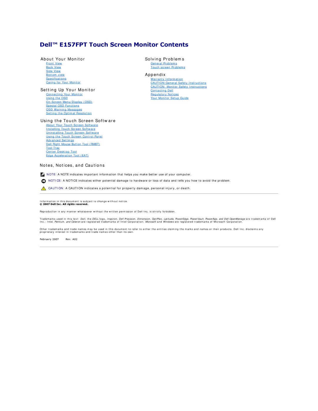 Dell 26007 appendix Dell E157FPT Touch Screen Monitor Contents 
