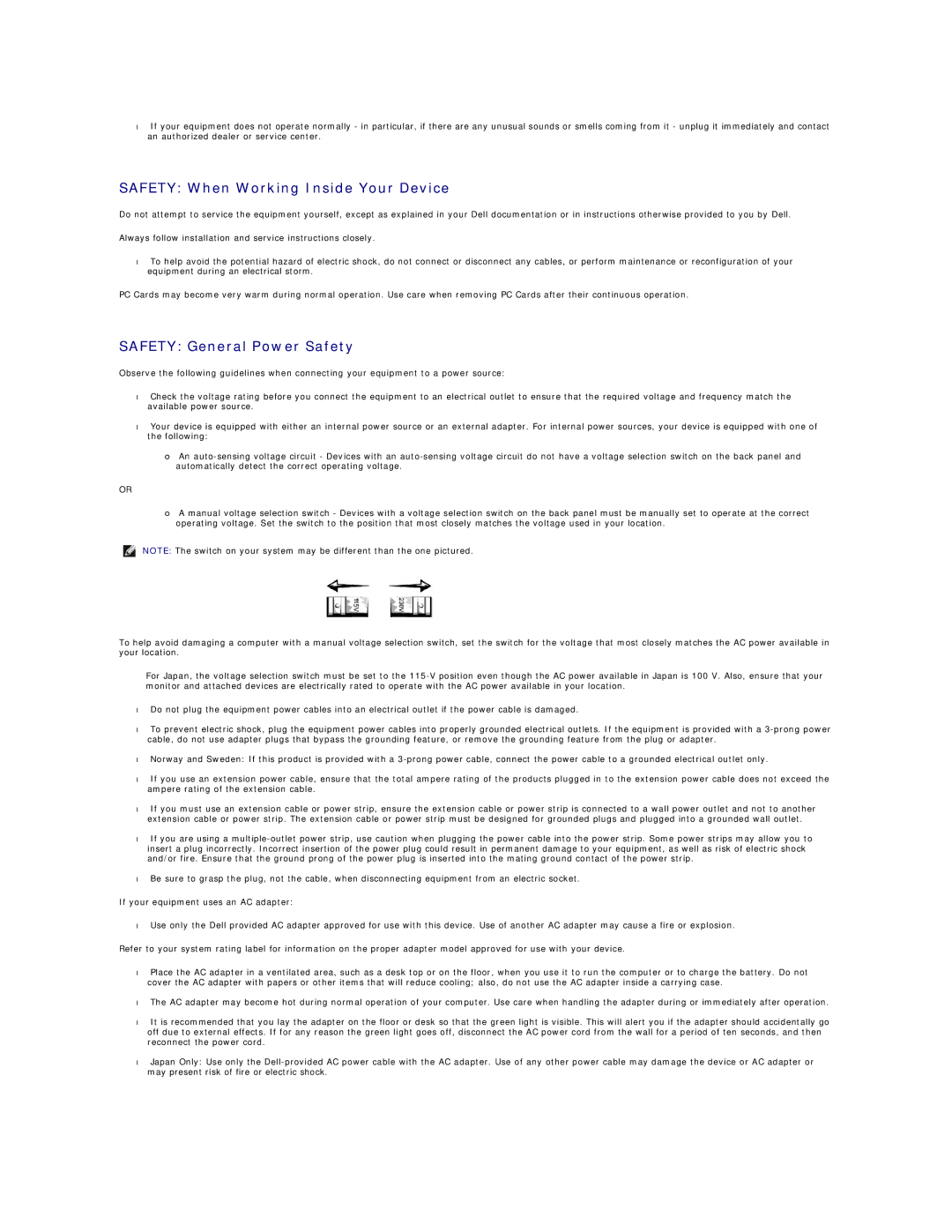 Dell 26007 appendix Safety When Working Inside Your Device, Safety General Power Safety 