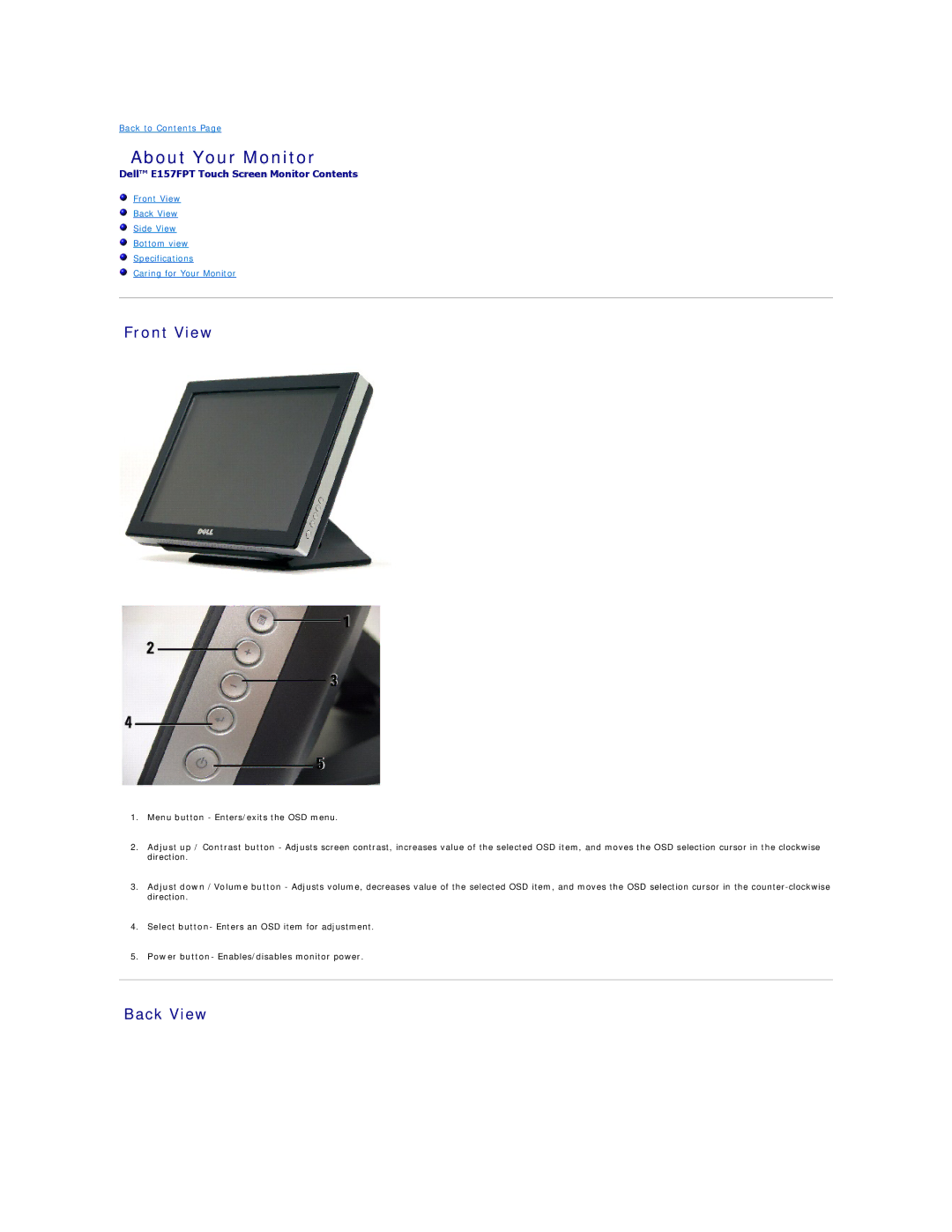 Dell 26007 appendix About Your Monitor, Front View, Back View 