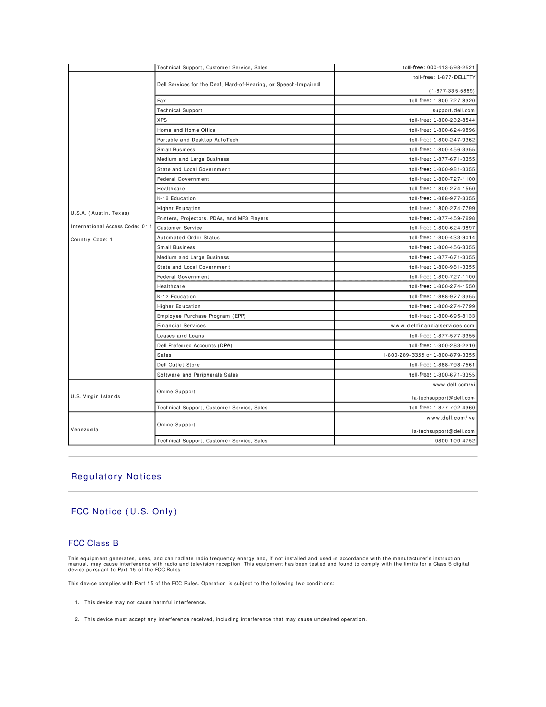 Dell 26007 appendix Regulatory Notices FCC Notice U.S. Only, FCC Class B 