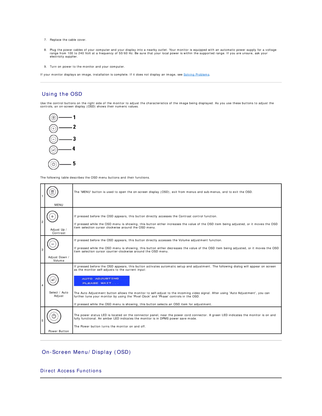 Dell 26007 appendix Using the OSD, On-Screen Menu/Display OSD, Direct Access Functions 