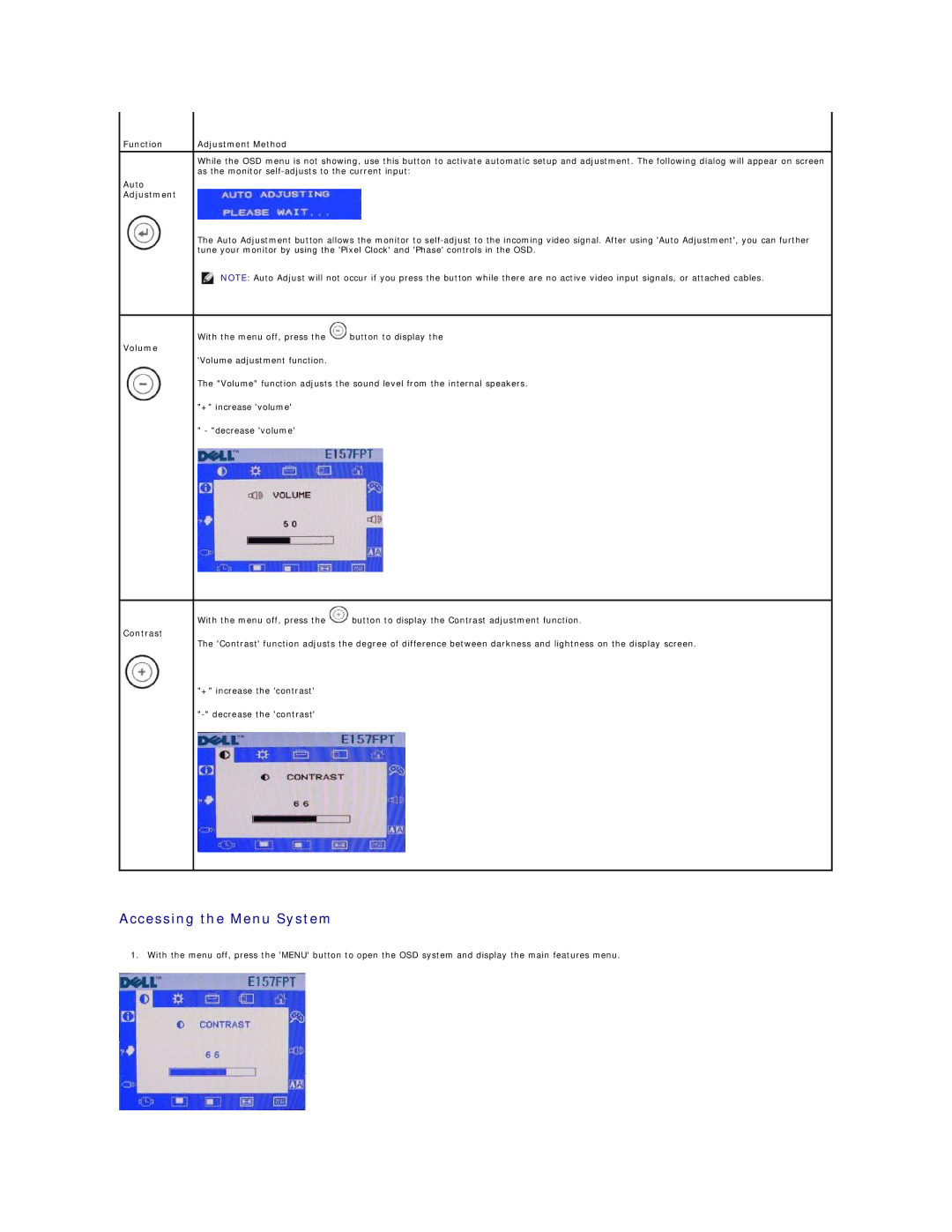 Dell 26007 appendix Accessing the Menu System, Function Adjustment Method, Auto Adjustment, Volume, Contrast 