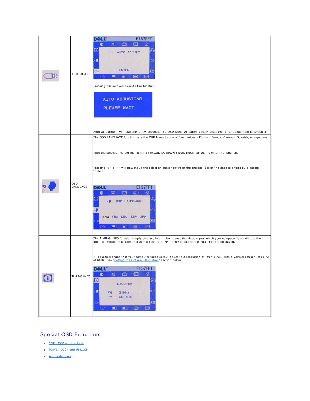 Dell 26007 appendix Special OSD Functions, Auto Adjust, OSD Language, Timing Info 