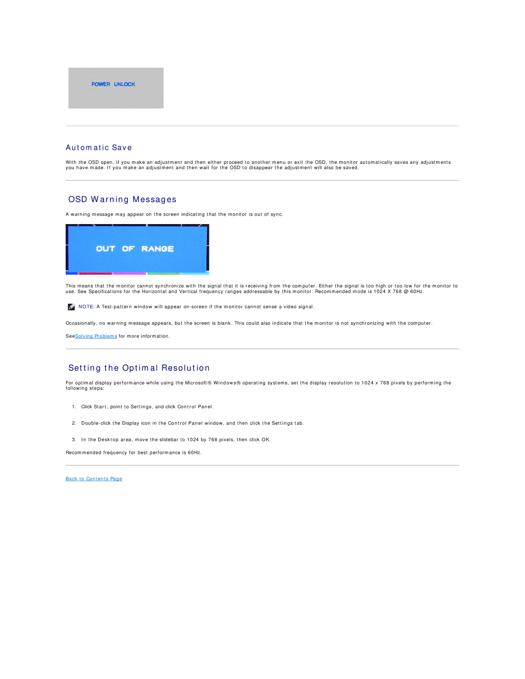 Dell 26007 appendix OSD Warning Messages, Setting the Optimal Resolution, Automatic Save 
