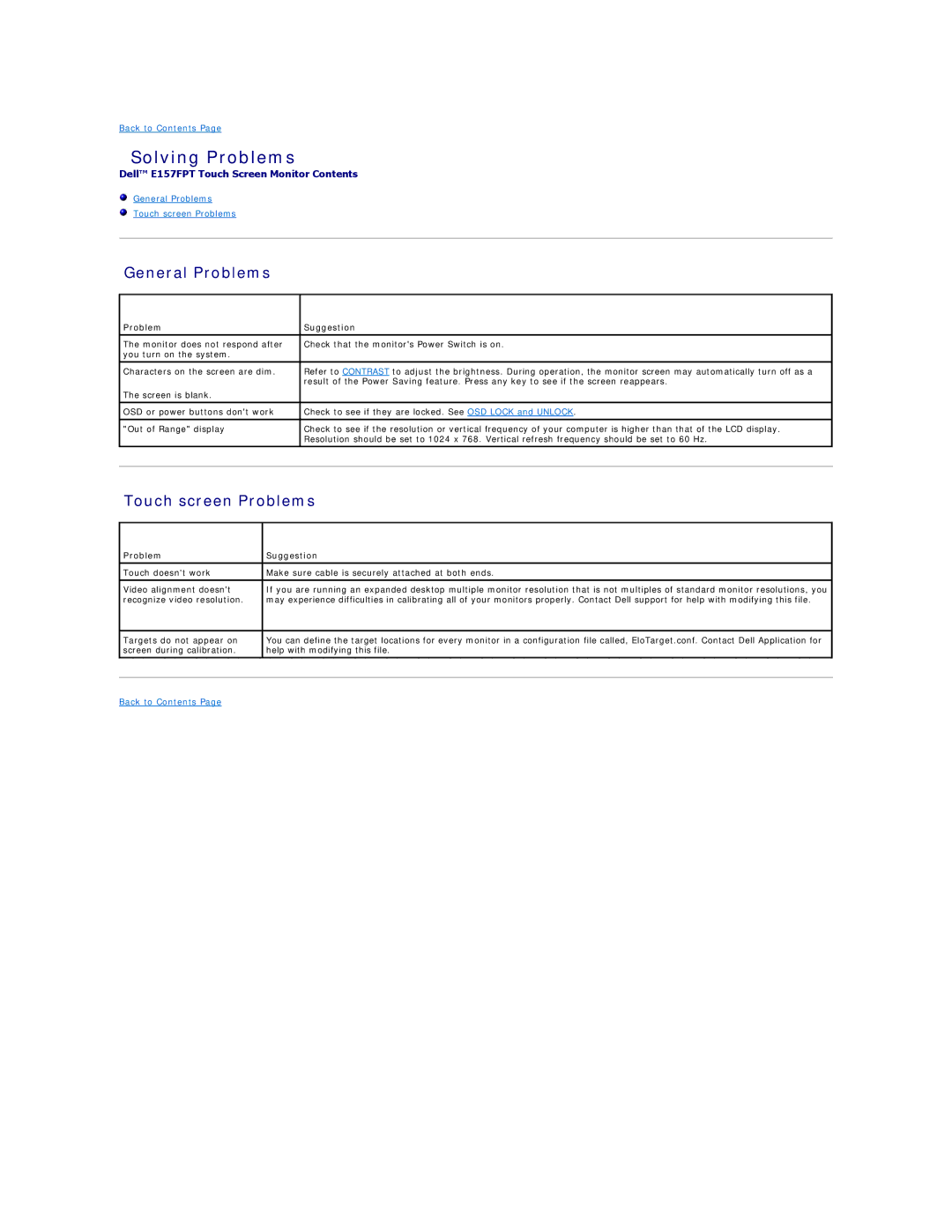 Dell 26007 appendix Solving Problems, General Problems, Touch screen Problems, Problem Suggestion 