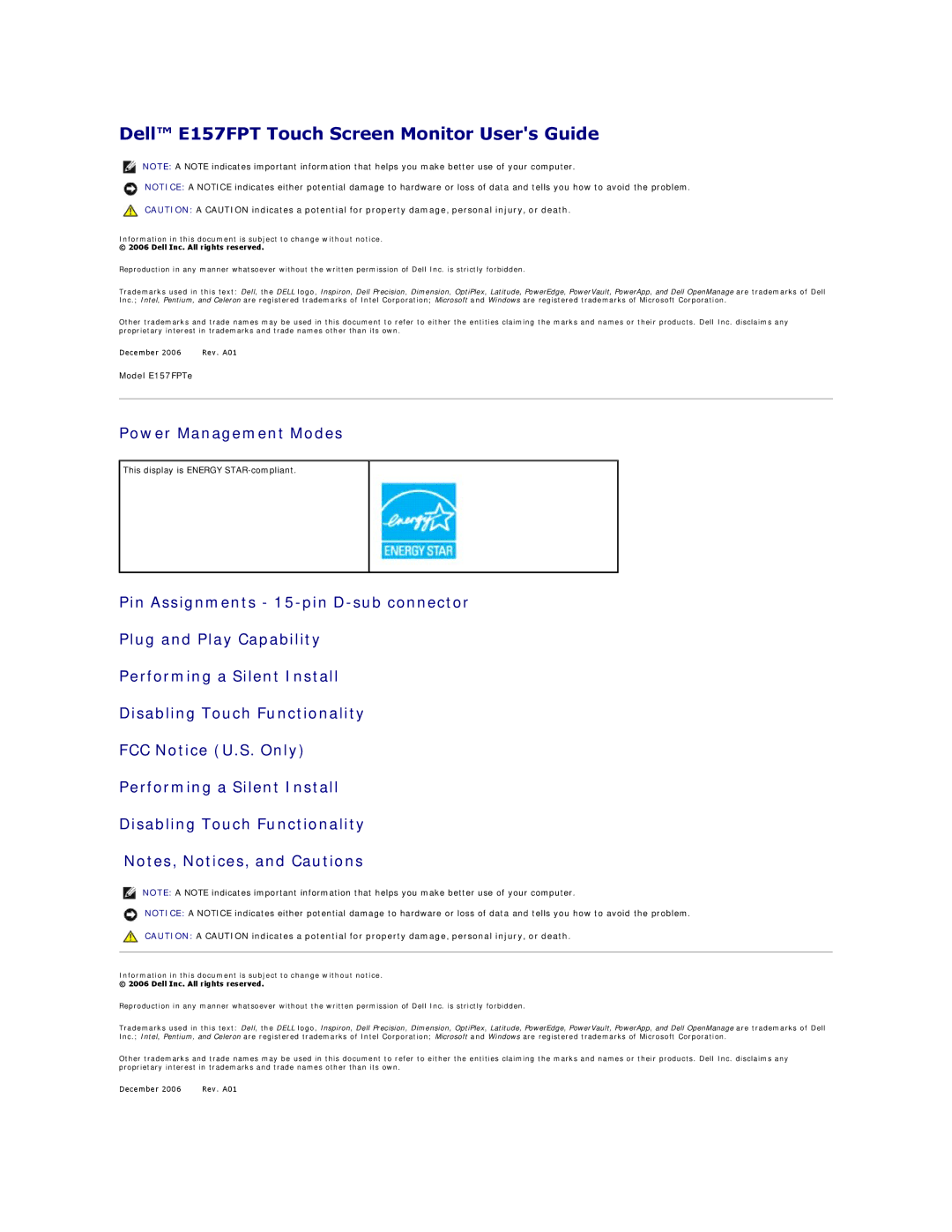 Dell 26007 appendix Dell E157FPT Touch Screen Monitor Users Guide, Power Management Modes 