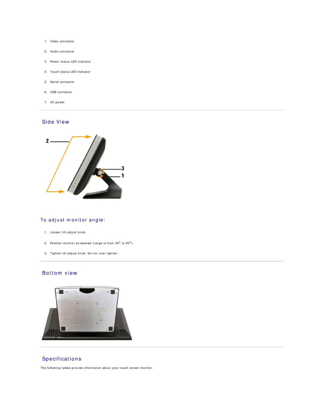 Dell 26007 appendix Side View, Bottom view Specifications, To adjust monitor angle 