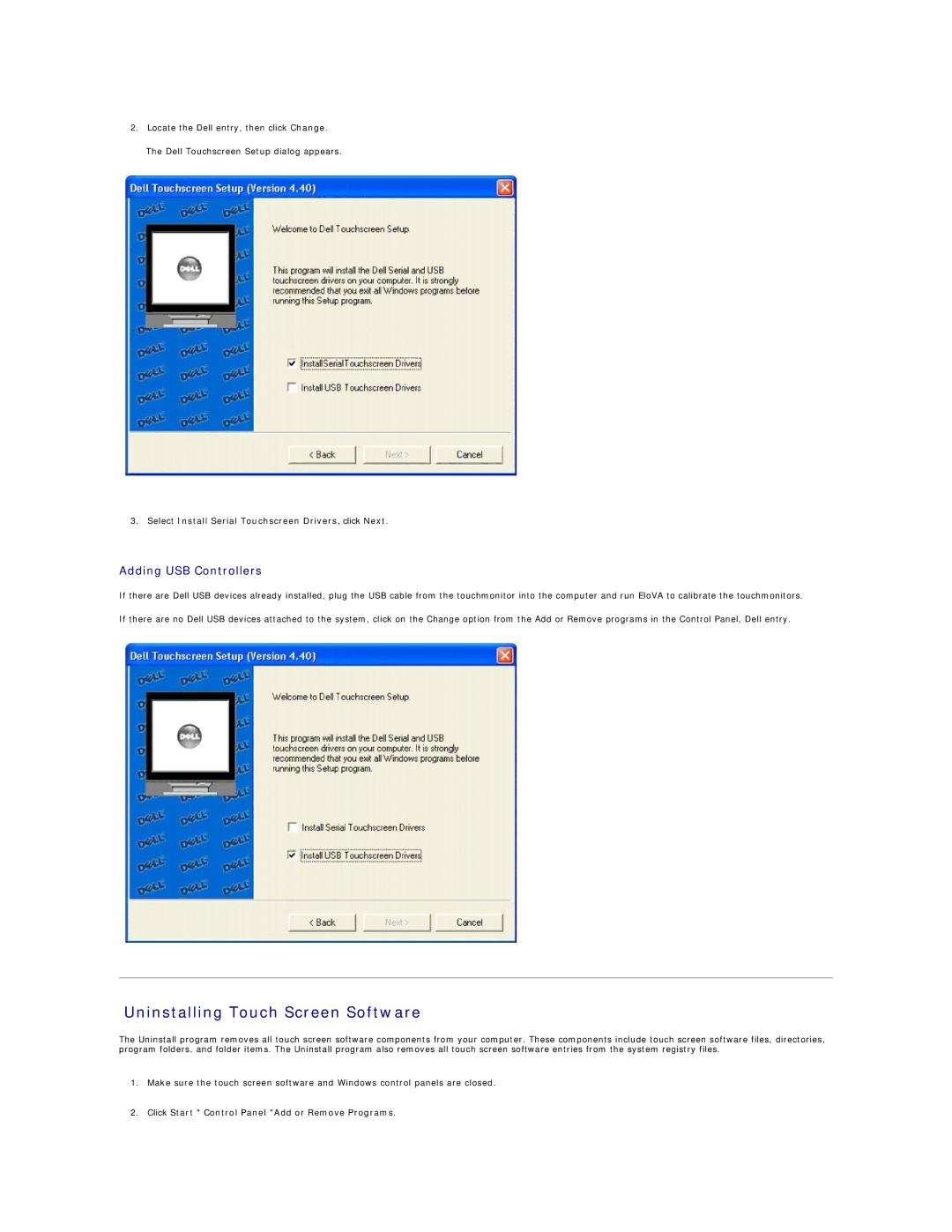 Dell 26007 appendix Uninstalling Touch Screen Software, Adding USB Controllers 