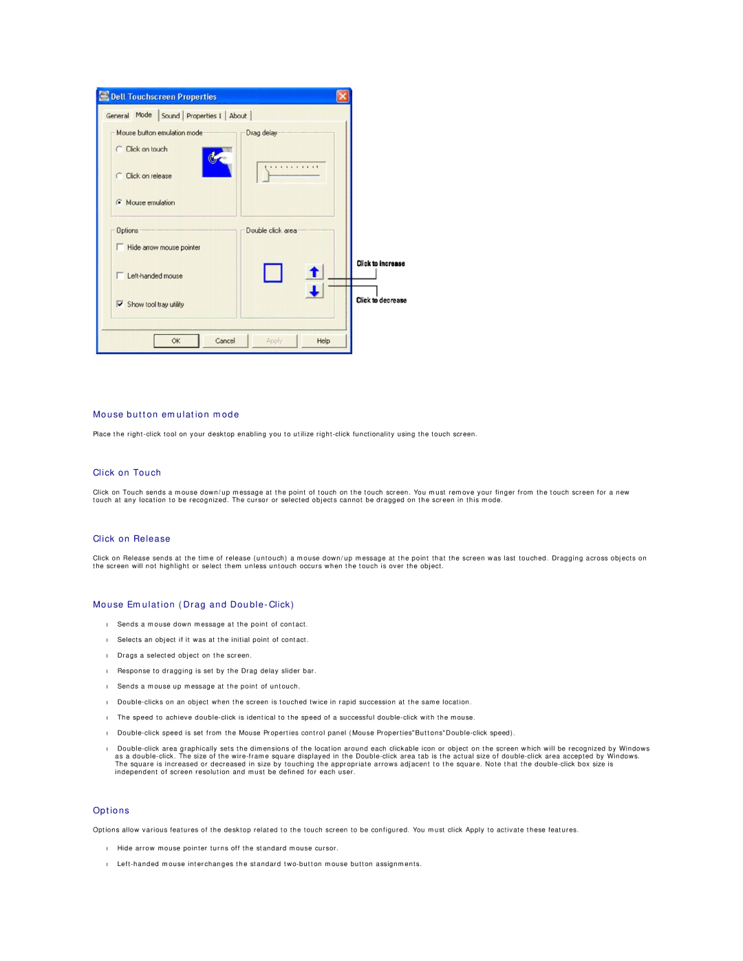 Dell 26007 Mouse button emulation mode, Click on Touch, Click on Release, Mouse Emulation Drag and Double-Click, Options 