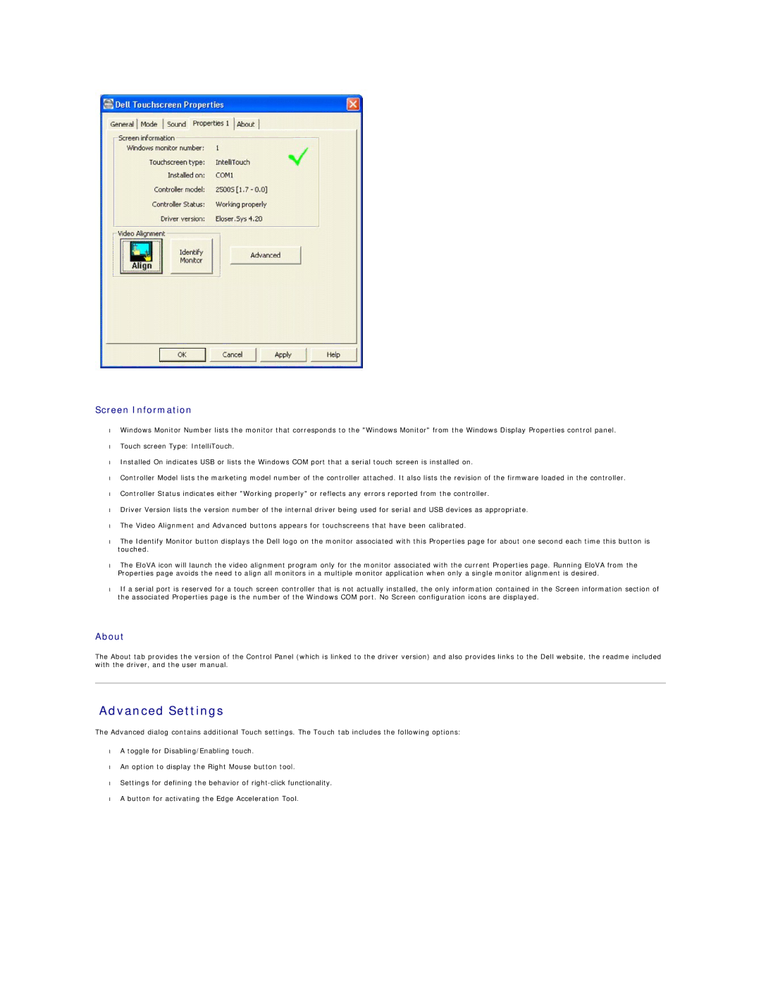 Dell 26007 appendix Advanced Settings, Screen Information, About 