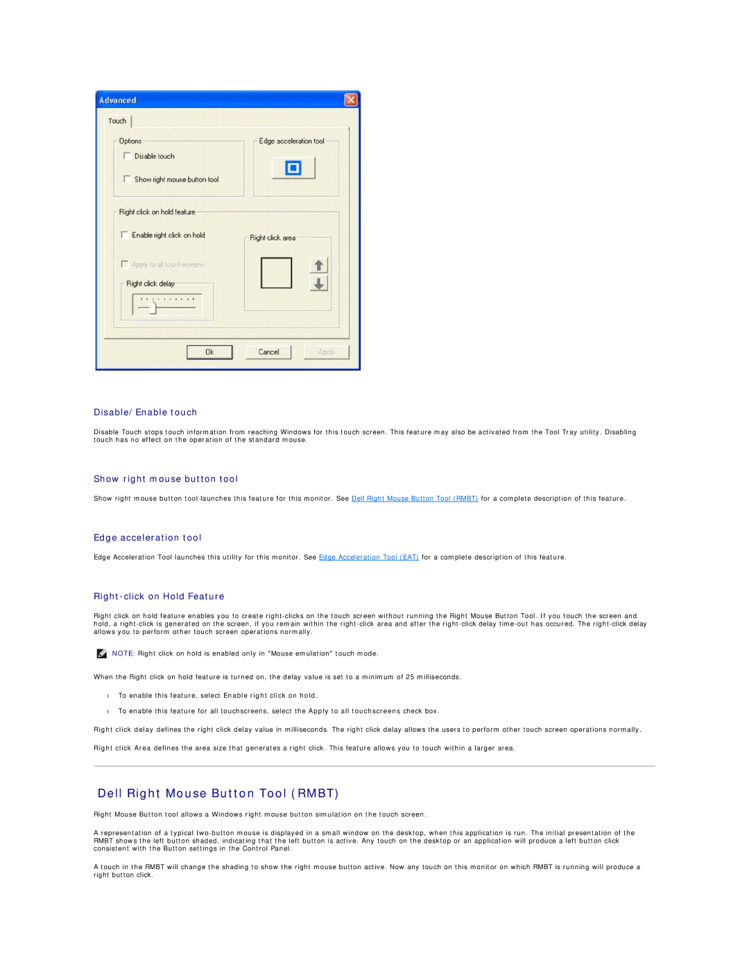 Dell 26007 Dell Right Mouse Button Tool Rmbt, Disable/Enable touch, Show right mouse button tool, Edge acceleration tool 