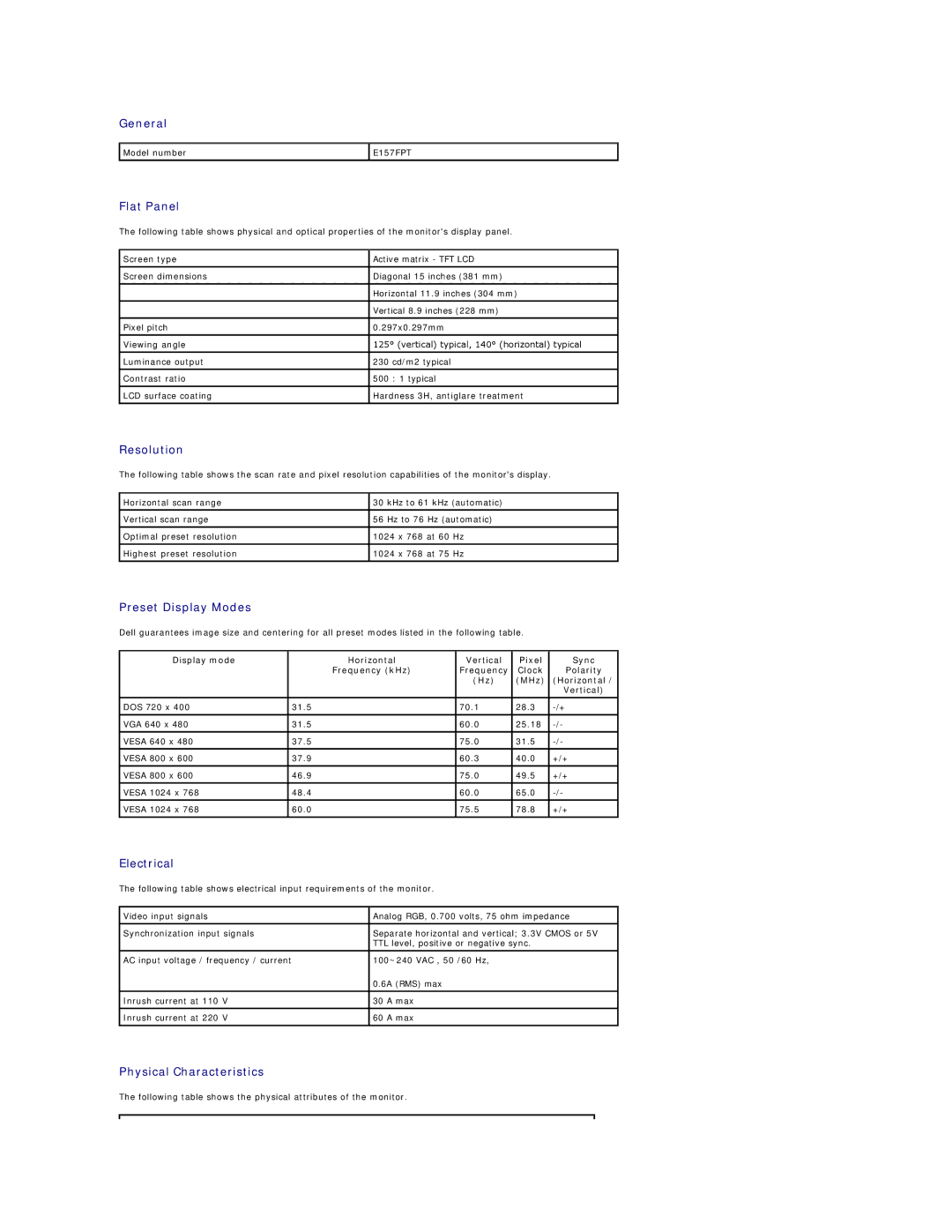 Dell 26007 appendix General, Flat Panel, Resolution, Preset Display Modes, Electrical, Physical Characteristics 