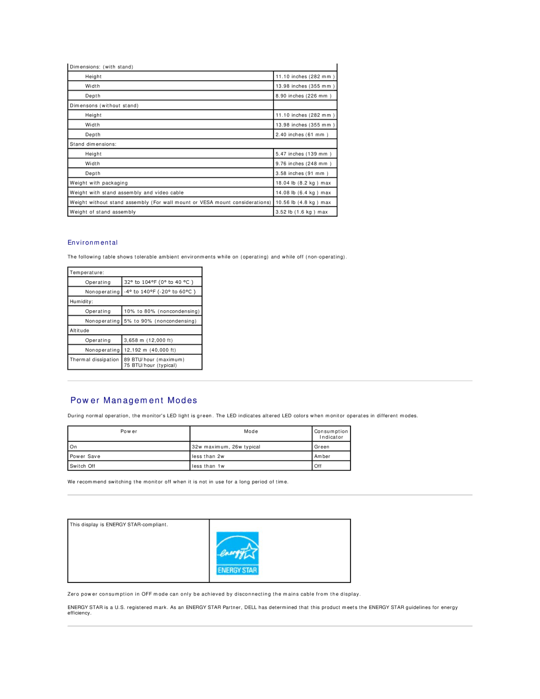 Dell 26007 appendix Power Management Modes, Environmental, Power Mode Consumption Indicator 