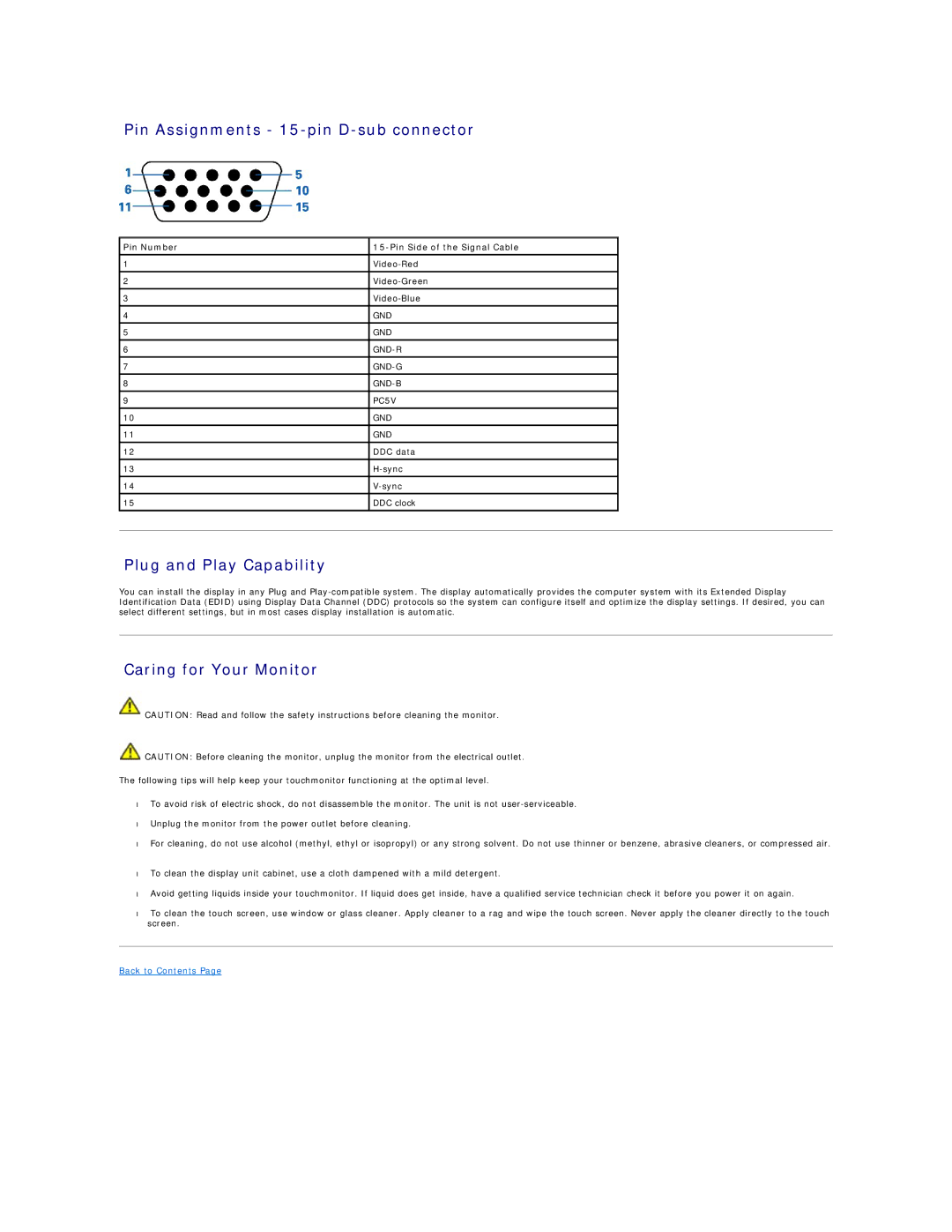 Dell 26007 appendix Pin Assignments 15-pin D-sub connector, Plug and Play Capability, Caring for Your Monitor 