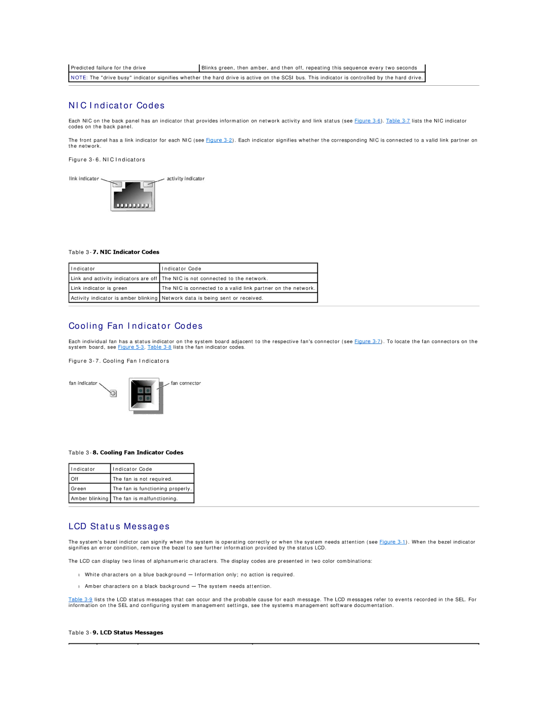 Dell 2650 manual NIC Indicator Codes, Cooling Fan Indicator Codes, LCD Status Messages 