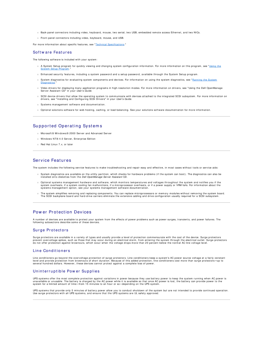Dell 2650 manual Supported Operating Systems, Service Features, Power Protection Devices 