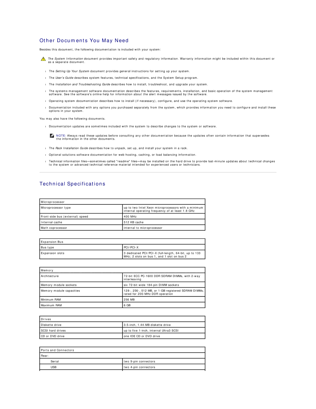 Dell 2650 manual Other Documents You May Need, Technical Specifications 