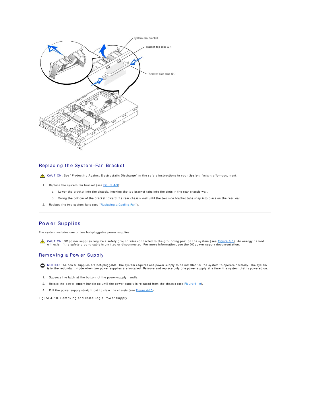 Dell 2650 manual Power Supplies, Replacing the System-Fan Bracket, Removing a Power Supply 