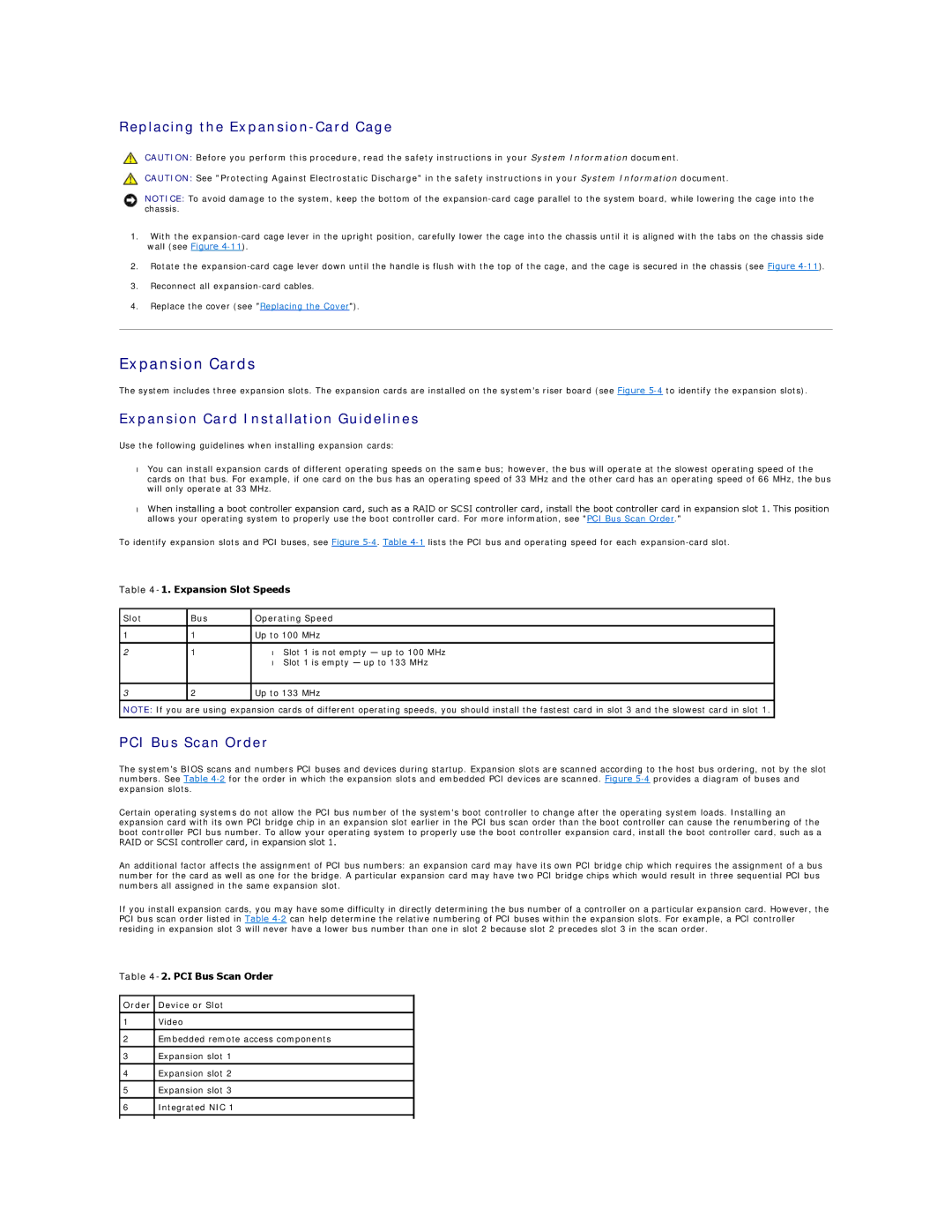 Dell 2650 Expansion Cards, Replacing the Expansion-Card Cage, Expansion Card Installation Guidelines, PCI Bus Scan Order 