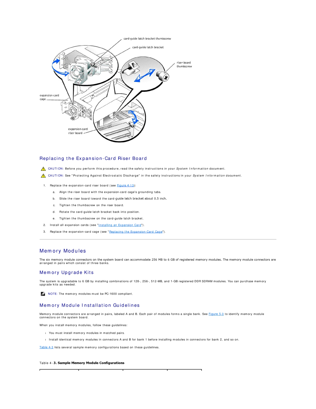 Dell 2650 manual Memory Modules, Replacing the Expansion-Card Riser Board, Memory Upgrade Kits 