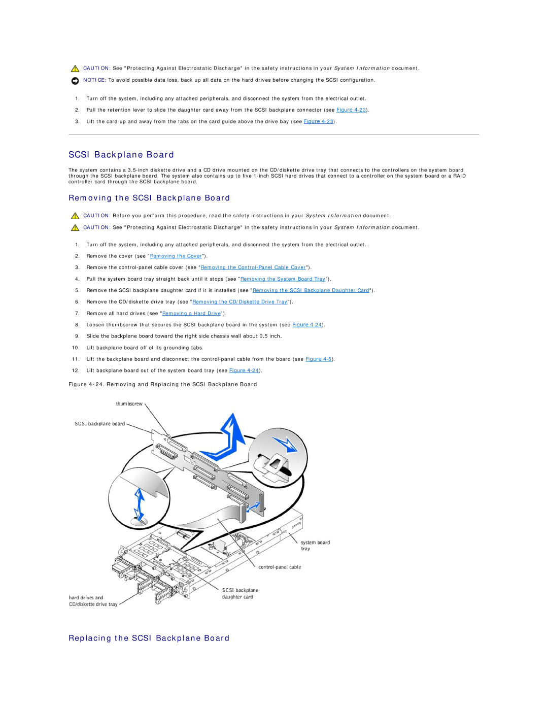 Dell 2650 manual Removing the Scsi Backplane Board, Replacing the Scsi Backplane Board 