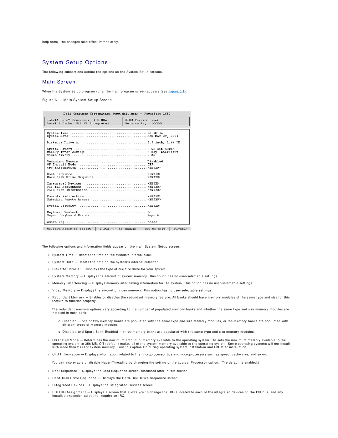 Dell 2650 manual System Setup Options, Main Screen 