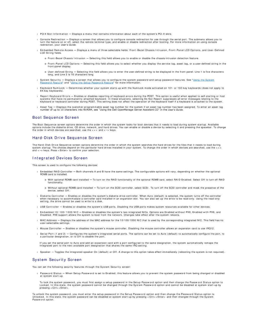 Dell 2650 manual Boot Sequence Screen, Hard-Disk Drive Sequence Screen, Integrated Devices Screen, System Security Screen 