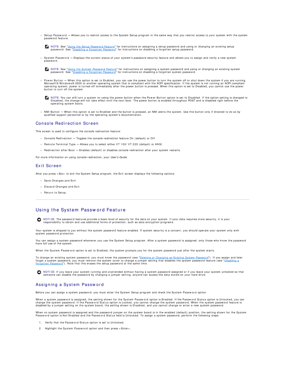 Dell 2650 manual Using the System Password Feature, Console Redirection Screen, Exit Screen, Assigning a System Password 