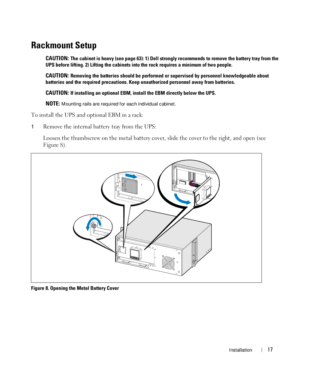 Dell 2700W manual Rackmount Setup, Opening the Metal Battery Cover 