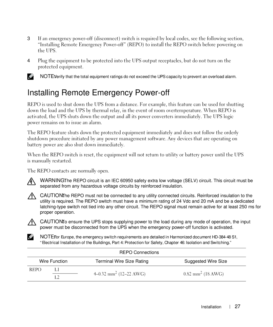 Dell 2700W manual Installing Remote Emergency Power-off, Repo Connections Wire Function 