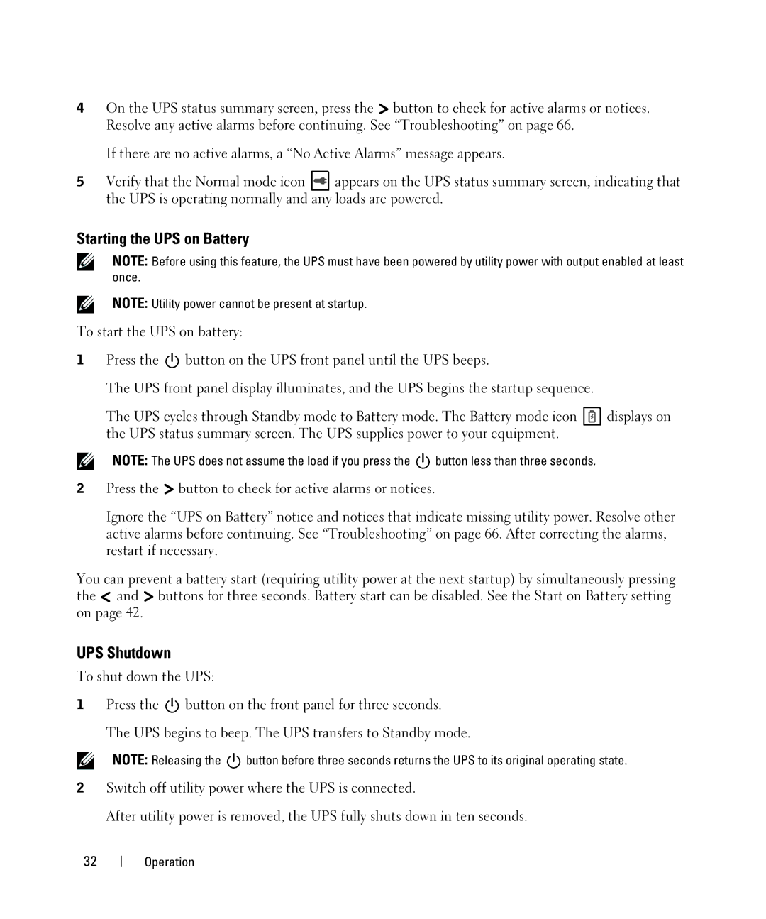 Dell 2700W manual Starting the UPS on Battery, UPS Shutdown 