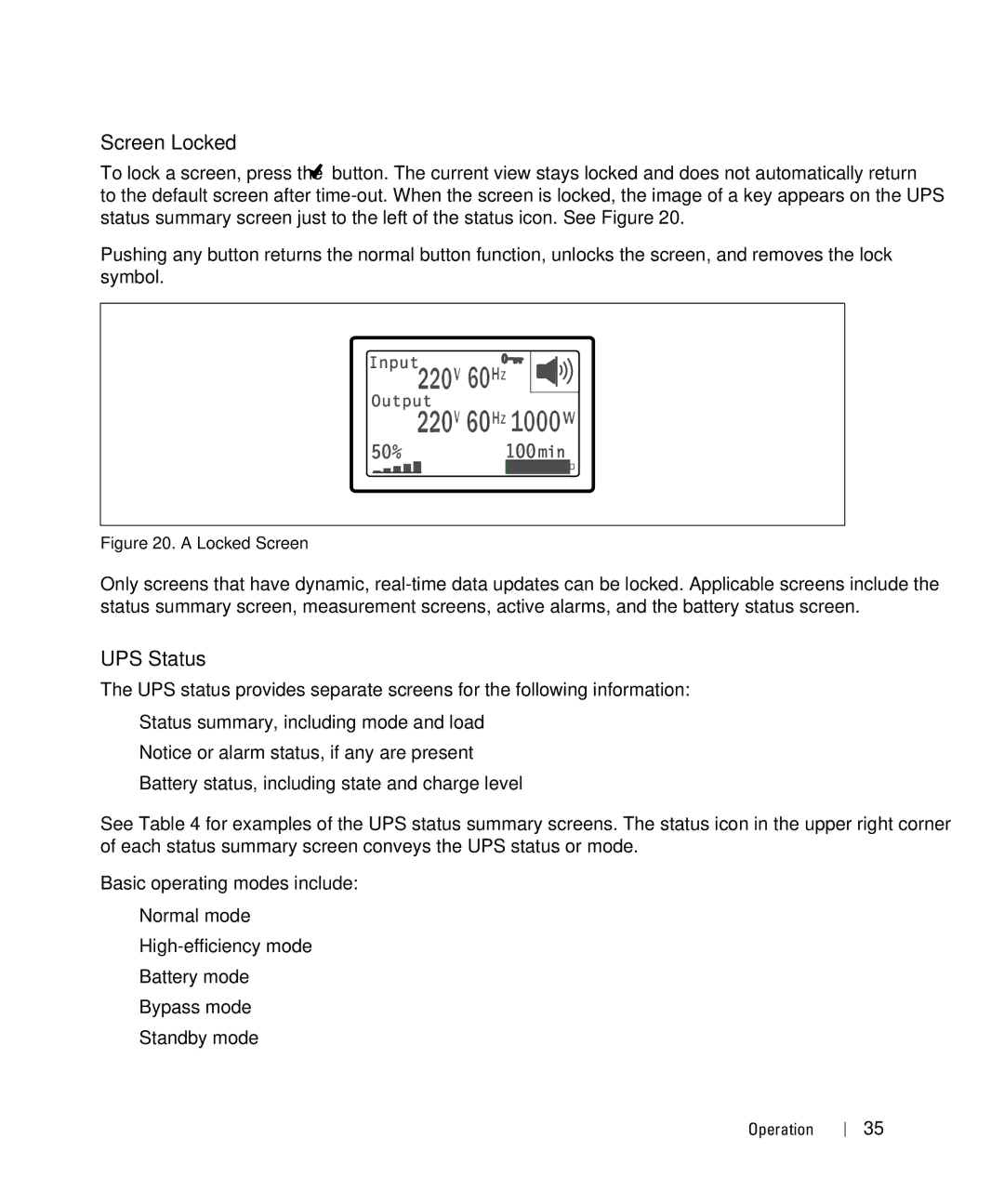 Dell 2700W manual Screen Locked, UPS Status 