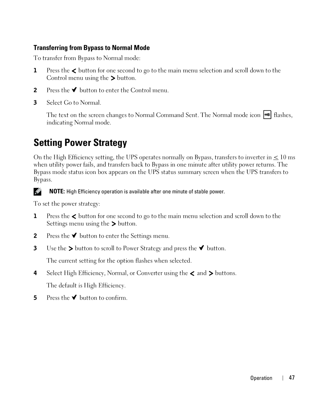 Dell 2700W manual Setting Power Strategy, Transferring from Bypass to Normal Mode 