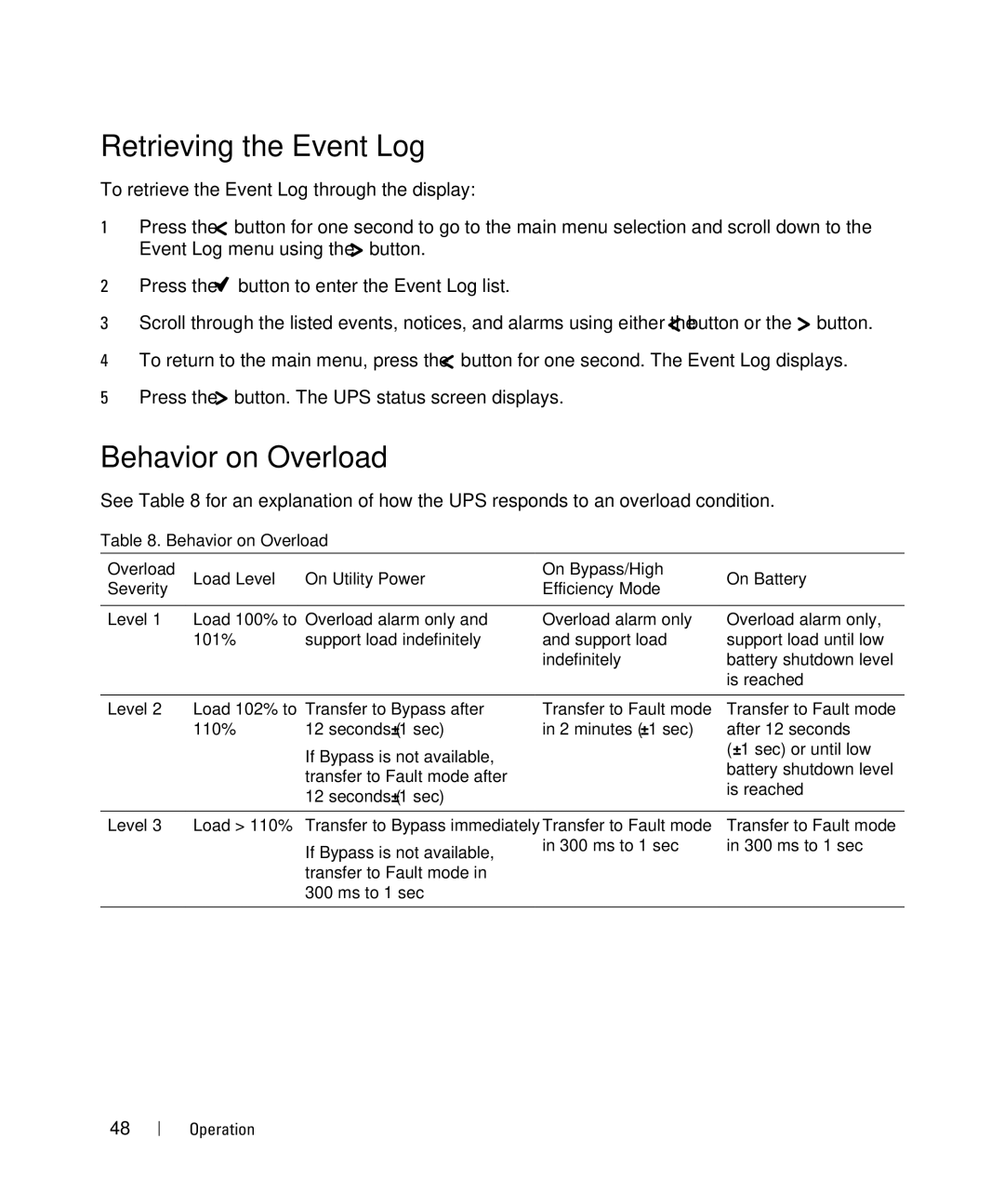 Dell 2700W manual Retrieving the Event Log, Behavior on Overload 